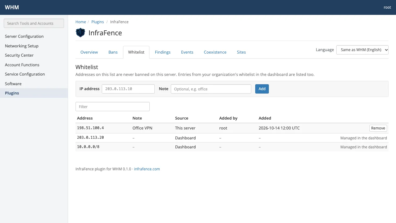 The Whitelist screen of the InfraFence plugin in cPanel & WHM