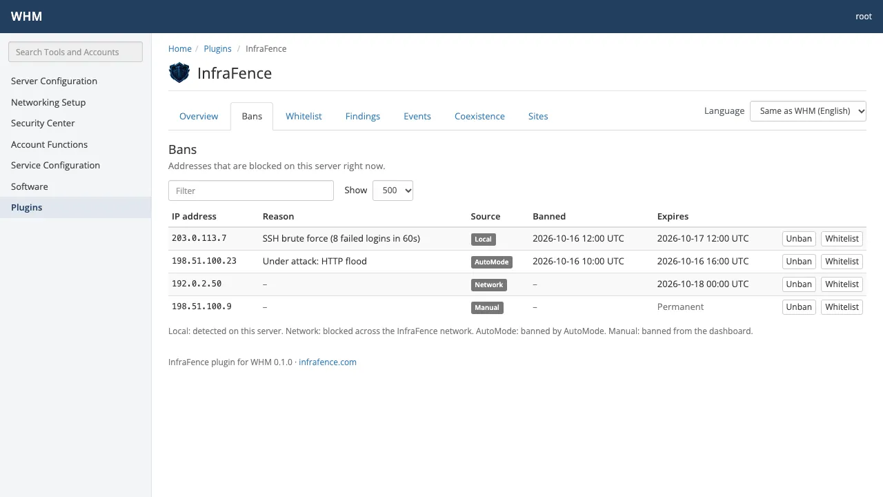 The Bans screen of the InfraFence plugin in cPanel & WHM