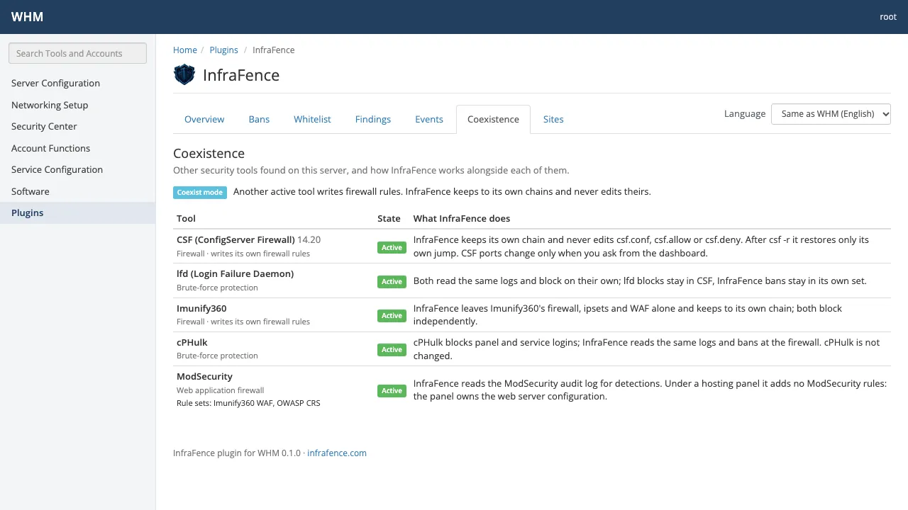 The Coexistence screen of the InfraFence plugin in cPanel & WHM
