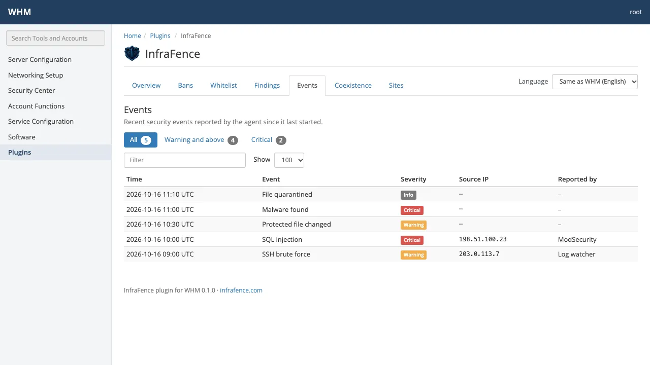 The Events screen of the InfraFence plugin in cPanel & WHM
