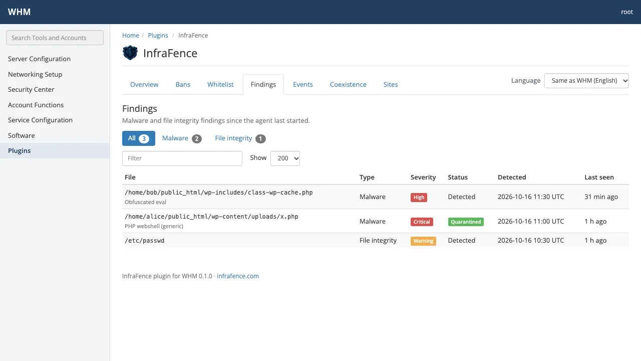 The Findings screen of the InfraFence plugin in cPanel & WHM