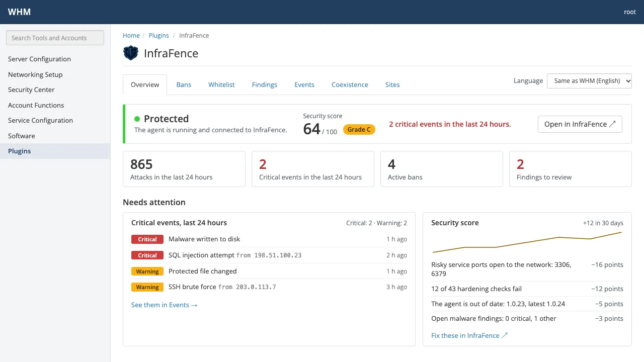 The Overview screen of the InfraFence plugin in cPanel & WHM