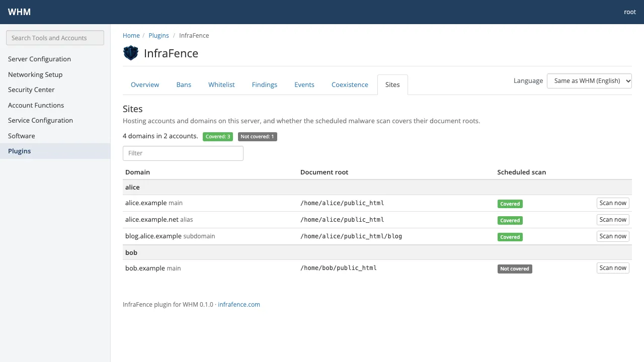 The Sites and domains screen of the InfraFence plugin in cPanel & WHM